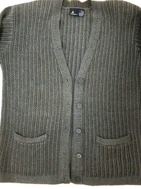 Lizsport Ladies Cardigan Large Gray 100% Cotton Ribbed Chunky Patch Pockets Read
